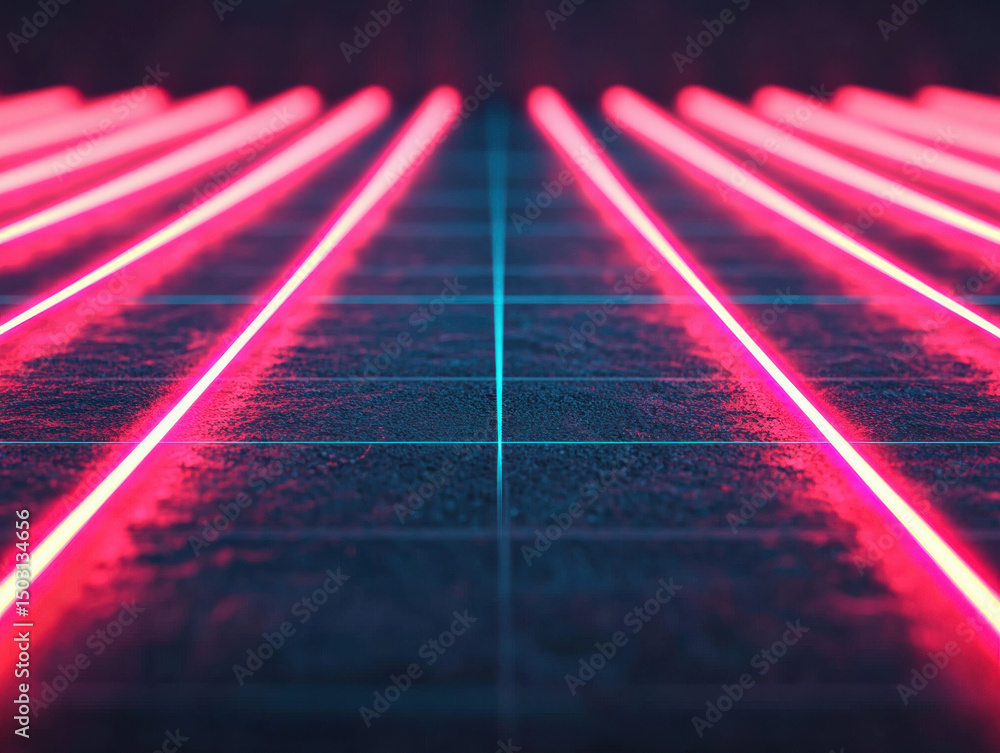 Poster glowing neon lines form futuristic tech grid on dark textured surface, creating vibrant and energeti
