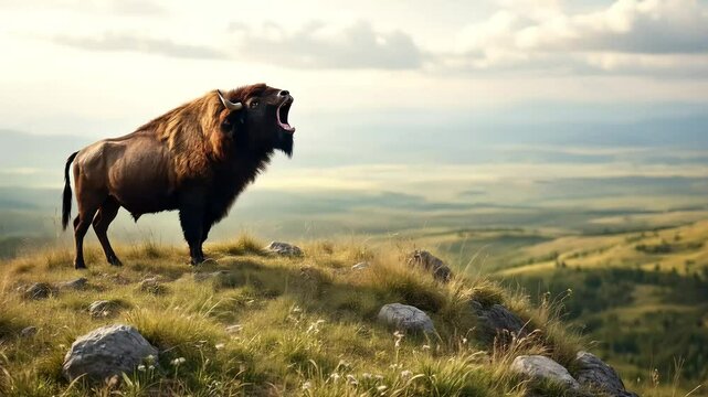 A bison letting out a deep, guttural roar from a grassy hilltop, echoing across the vast expanse