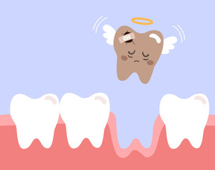 Cartoon vector illustration of a dark rotten tooth with angel wings leaving the gums, symbolizing dental decay and oral health awareness