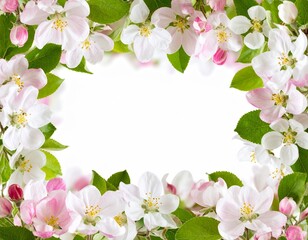 Fototapeta premium Frame of white, pink and green flower, white background