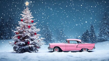 Christmas winter snow scene pink vintage car decorated pine tree red baubles wrapped gifts images