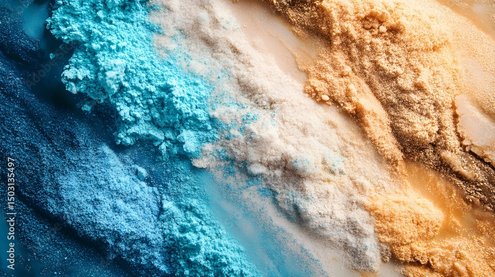 Poster textural artwork of multicolored granular powder arranged in diagonal bands across the plane. the co
