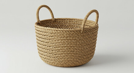 Obraz premium Woven straw basket with handles, boho decor style, isolated on white background