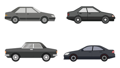 Car Set Design Showing the Different Shapes and Styles of Cars Featuring Black and Gray Colors on a White Background, Ideal for Graphics, Icons, and Design Elements.	