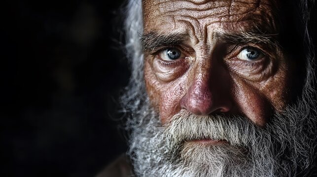 Intense close-up of a senior man's face, wrinkles etched with age, a story told through his eyes and the salt and pepper beard.