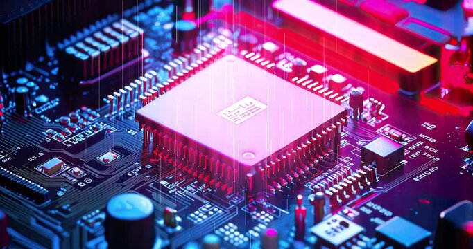 High tech computer chip on a computer circuit board with various electronic components. Computer and technology related background animation.