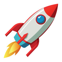 Colorful cartoon rocket ship with flames illustration for space exploration and technology