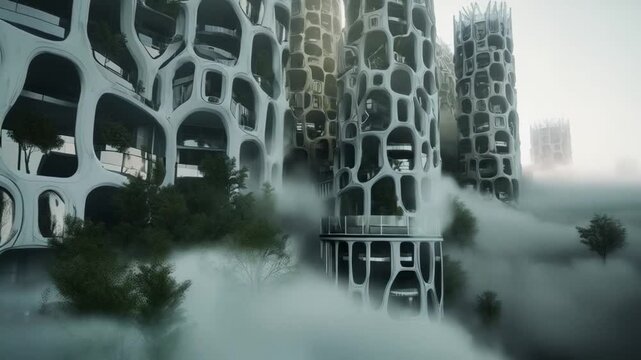 Stunning futuristic architecture in a misty setting at sunrise showcases creativity and innovation in urban design