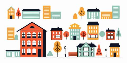 Cute Cartoon Townhouses, Buildings, and Trees Illustration