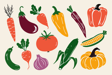 Hand-drawn Vegetable Illustrations: Carrots, Peppers, Pumpkins