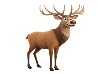 Fototapeta premium Cheerful Cartoon Deer 3D Render Brown Fur Antlers Happy Expression Isolated White Background