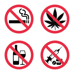 No Smoking, Drugs, Alcohol, Marijuana Signs.
