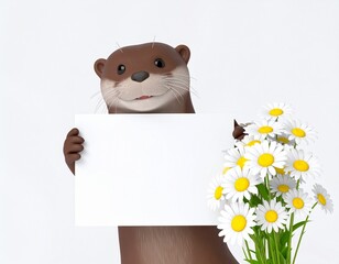 Obraz premium Otter birthday card with flowers cartoon 