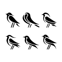 Collection of six unique bird silhouettes in various poses, including perched and flying forms, rendered in black on white, showcasing avian diversity and graphic elegance.