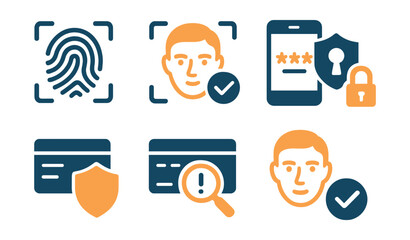 Two-Color vector icons of security in payments: fingerprint scan, face ID check, two-factor code, secure lock. Payment encryption, fraud detection, shield icon, verified identity.