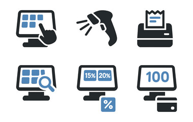 Two-Color vector icons of point-of-sale systems: touch interface, barcode scanner, receipt printer, product lookup. Tip selection, total amount icon, tax calculation, split payment.