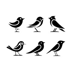 Collection of six unique bird silhouettes in various poses, including perched and flying forms, rendered in black on white, showcasing avian diversity and graphic elegance.