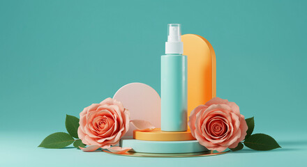 Turquoise spray bottle with peach roses on a geometric display