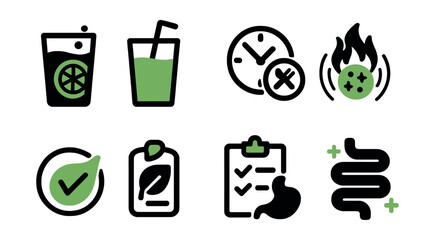 Two-Color vector icons of detox and recovery: detox water, green juice, fasting window, inflammation icon. Toxin-free label, cleanse plan, digestion icon, gut health.