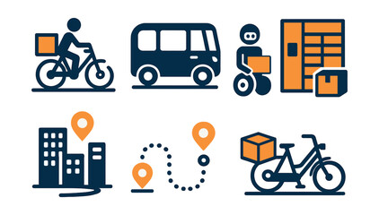 Two-Color vector icons of last-mile solutions: delivery e-bike, compact shuttle, ride-on robot, smart locker. Urban hub, last-mile route, parcel drop-off, e-cargo bike.