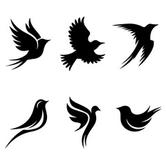 Naklejka premium Collection of six unique bird silhouettes in various poses, including perched and flying forms, rendered in black on white, showcasing avian diversity and graphic elegance.
