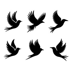 Obraz premium Collection of six unique bird silhouettes in various poses, including perched and flying forms, rendered in black on white, showcasing avian diversity and graphic elegance.