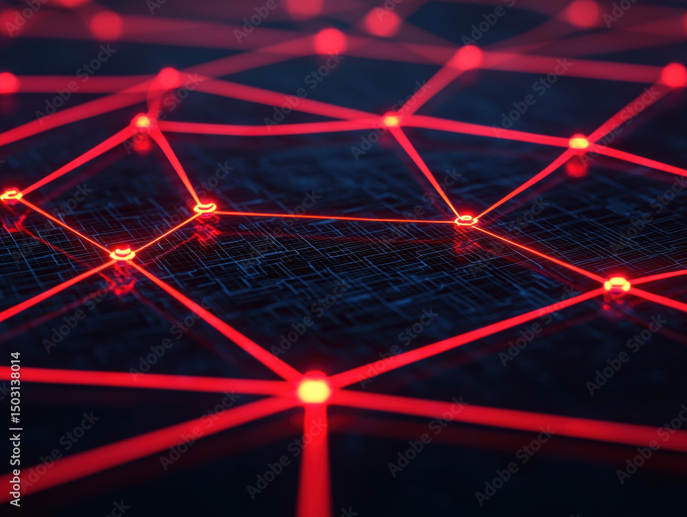 Poster glowing red tech grid with bright connection lines over dark digital circuit, futuristic network, ab
