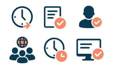 Two-Color vector icons of asynchronous work: time shift icon, task update, async message, offline review. Global team icon, response later, shared status, recorded update.