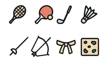 Outline with Fill style icons of individual sports: tennis racket, table tennis paddle, golf club, badminton shuttle, fencing sword, archery bow, karate belt, climbing wall.