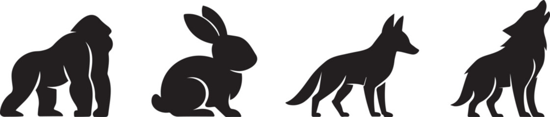 Animal silhouettes icons including gorilla, rabbit, fox and wolf for logo 