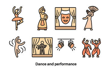 Outline with Fill style icons of dance and performance: ballerina pose, traditional dancer, mask on stage, fan dance, rhythm motion, musical theater, stage lights, cultural choreography.