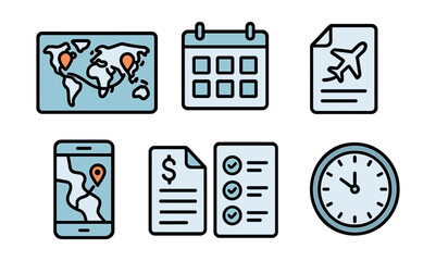 Outline with Fill vector icons of travel planning: world map, route marker, calendar, itinerary page, travel budget sheet, checklist icon, phone with map, time zone clock.