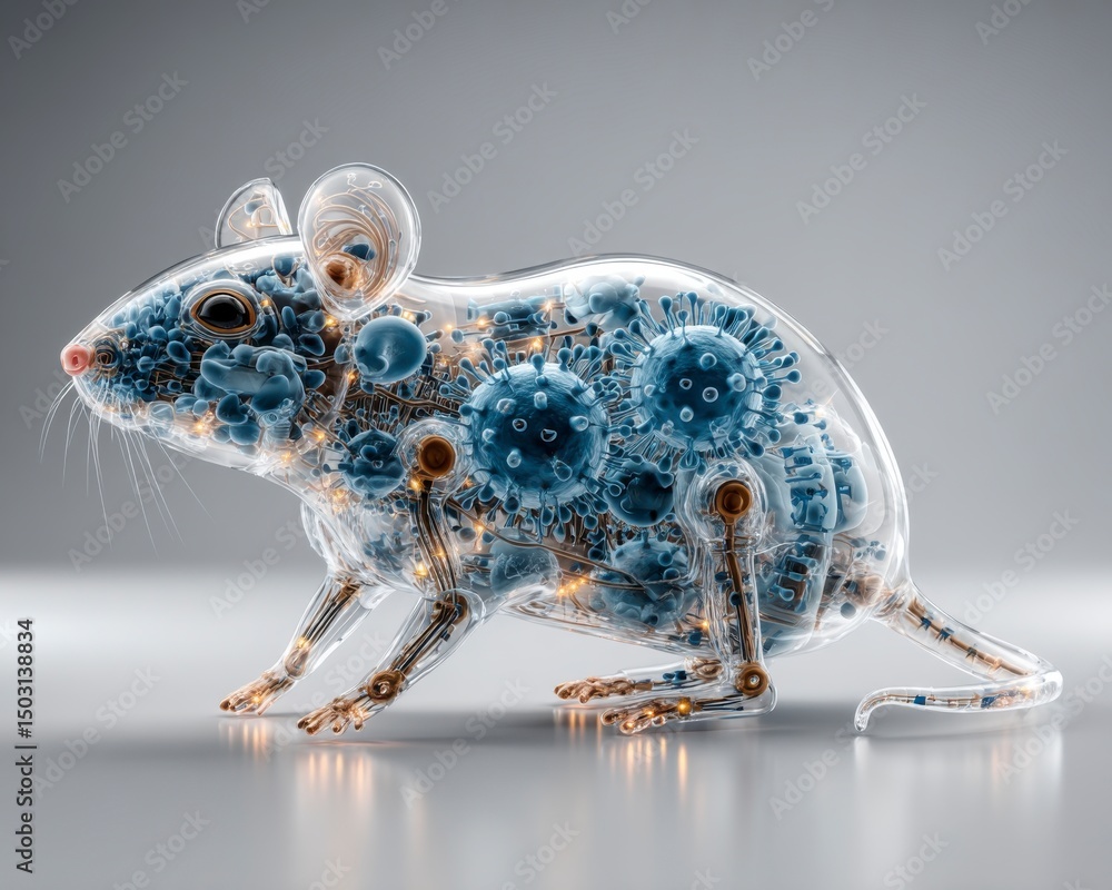 Poster transparent mouse model with visible microorganisms and light effects