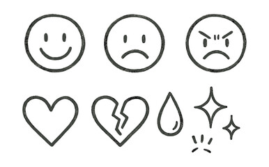 Obraz premium Hand-drawn vector icons of emotions and feelings: smiling face, sad face, angry face, heart, broken heart, tear drop, sparkles, blush.