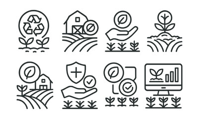 Line style icons of crypto farming: eco-friendly farming badge, carbon-neutral yield program, green farm incentive, sustainable DeFi yield, impact farming token, climate-positive rewards, eco-staking