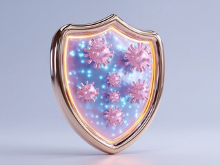Protective shield visual with virus symbols and glowing effects