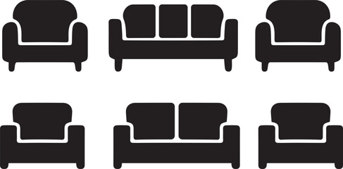 Variety of modern sofa and armchair icons for home interior design.