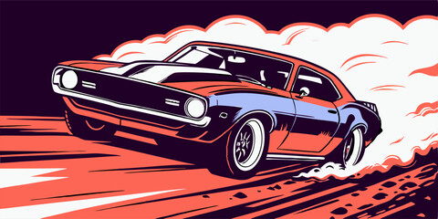 Classic Muscle Car Burning Rubber, Speeding on Road