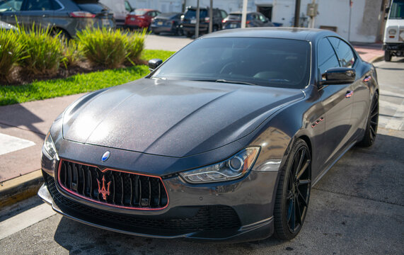 Miami, Florida, USA - December 06, 2024: Maserati Ghibli 2025 sportscar. Luxury sport car of Maserati Ghibli. Car of Maserati Ghibli parked outdoor. Maserati Ghibli, corner view