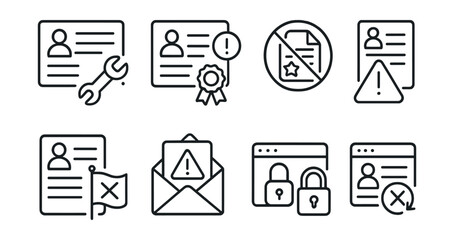 Line style icons of Web3 licensing: license revocation tool, expired rights alert, blacklisted content badge, unauthorized usage warning, contract breach flag, takedown request icon, content lockout