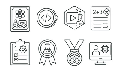 Line style icons of NFT education: STEM lesson NFT, coding tutorial token, science experiment video badge, math problem NFT card, engineering challenge tracker, lab skills assessment badge, STEM