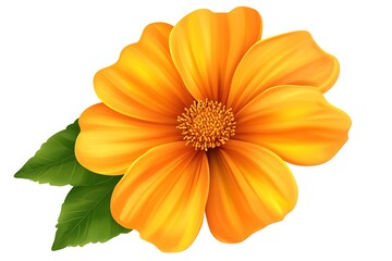 A beautiful realistic cosmos flower in vibrant orange with two lush green leaves isolated
