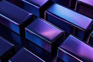 A collection of reflective rectangular blocks glows with vibrant purple and blue tones
