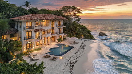 Fototapeta premium Luxurious oceanfront villa with stunning sunset views and serene beach setting