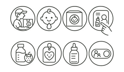 Line style icons of medicine delivery (circular): pediatric medicine delivery, baby care drop badge, kid-safe box ring, illustrated instructions icon, flavored syrup bubble, cute packaging tag, soft