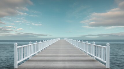 Tranquil Wooden Pier Extending into Serene Ocean under a Blue Sky