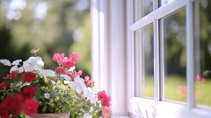 Fototapeta premium Colorful flowers in a window box near a white window.