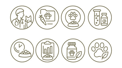 Line style icons of veterinary care (circular): animal nutrition consult, diet plan folder, weight management badge, food allergy test ring, meal schedule bubble, feeding chart icon, pet supplements