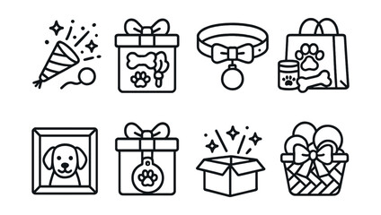 Line style icons of pet accessories: celebration toy set, gift box with treats, holiday-themed collar, new pet welcome pack, pet photo frame, custom tag gift, surprise box, toy basket with bow.