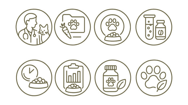 Line style icons of veterinary care (circular): animal nutrition consult, diet plan folder, weight management badge, food allergy test ring, meal schedule bubble, feeding chart icon, pet supplements